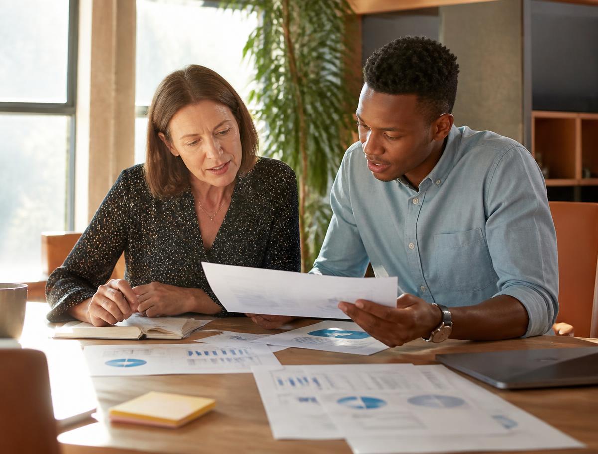 Two consultants reviewing business performance documents together