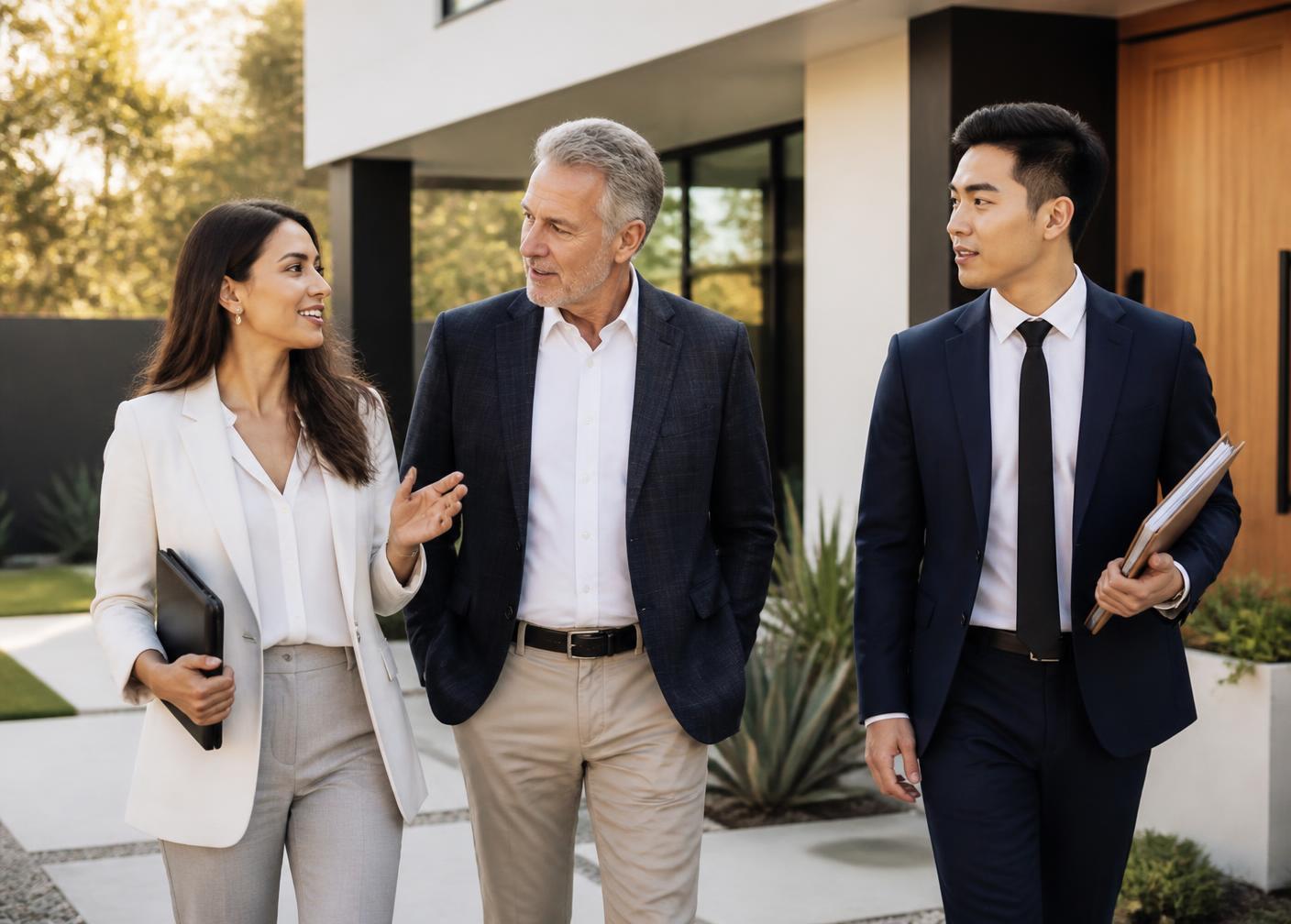 A diverse real estate team walking and discussing strategy outside a listing
